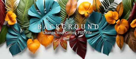 Free PSD creative layout made of colorful tropical leaves on white background