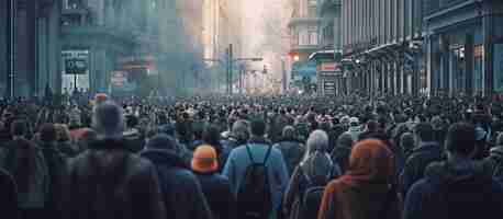 Free PSD crowd of people protesting together walking in the city generative ai