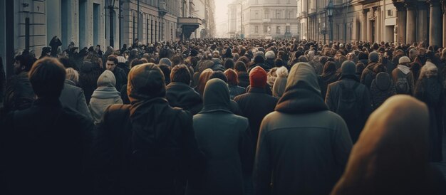 Толпа людей, протестующих вместе, гуляет по городу Генеративный ИИ