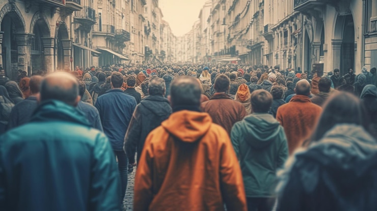 Free PSD crowd of people protesting together walking in the city generative ai