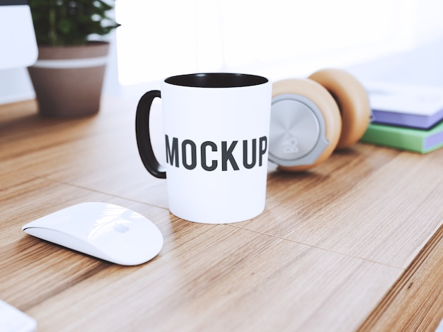 Free PSD cup on desk mock up