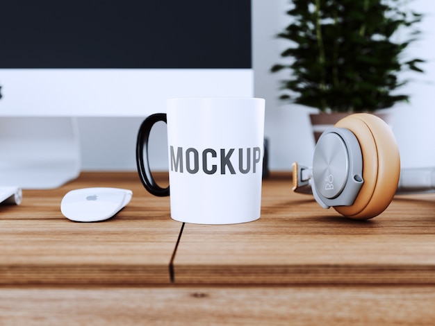 Cup on wooden desk mock up