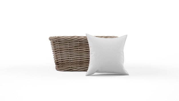 Free PSD cushion in gray color and wicker basket isolated