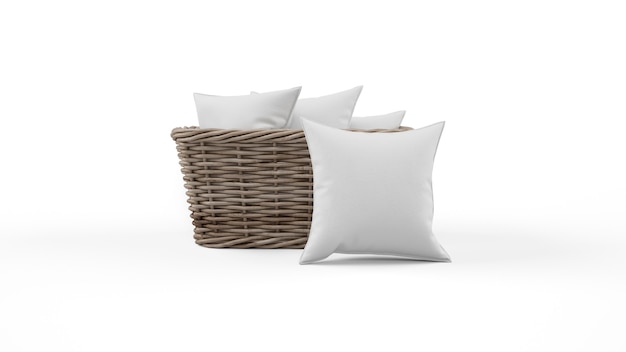 Cushions in gray color and wicker basket isolated