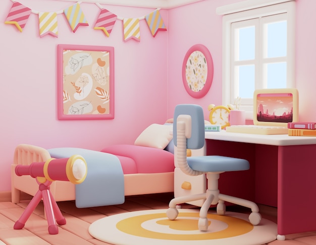 Free PSD cute bedroom with desktop illustration