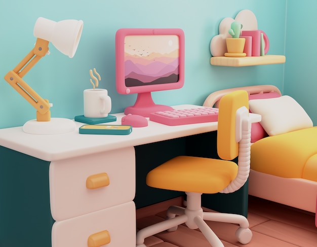 Free PSD cute bedroom with desktop illustration