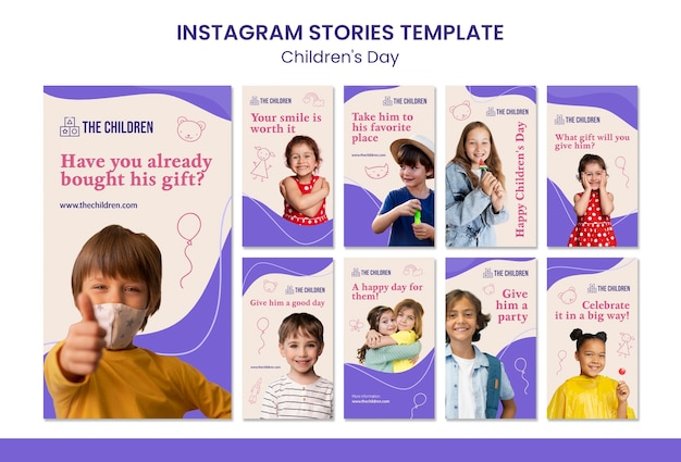 PSD gratuito simpatica raccolta di storie sui social media per la giornata dei bambini