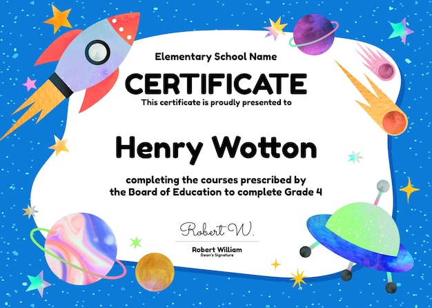 Cute colorful certificate template psd in galaxy design for kids