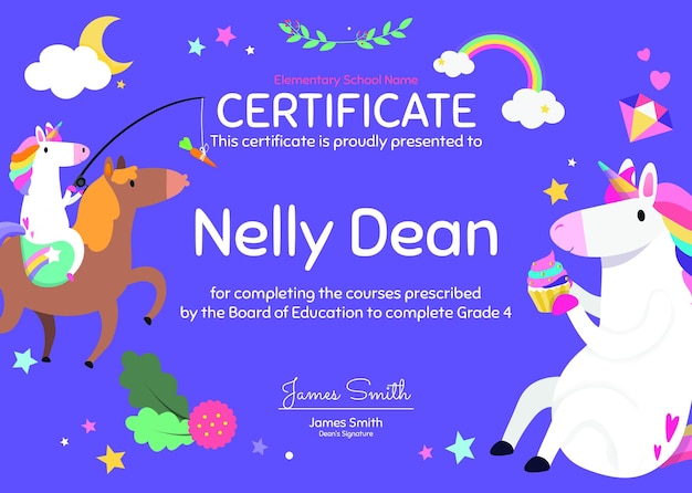 Cute colorful certificate template psd in unicorn design for kids