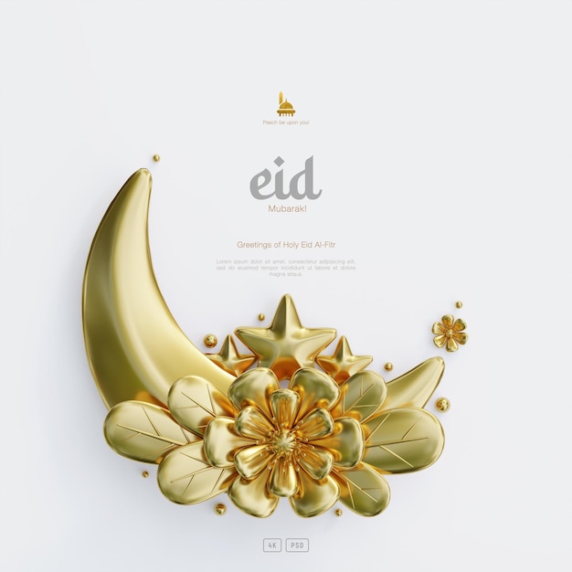 3d 초승달과 꽃으로 장식된 귀여운 eid al fitr 인사말 배경