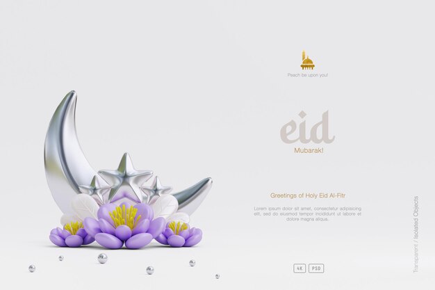 Cute Eid Al Fitr Greeting background decorated with 3d crescent moon and flowers