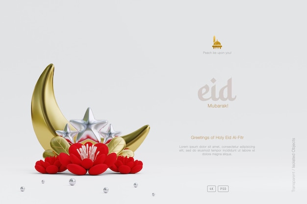 Cute Eid Al Fitr Greeting background decorated with 3d crescent moon and flowers