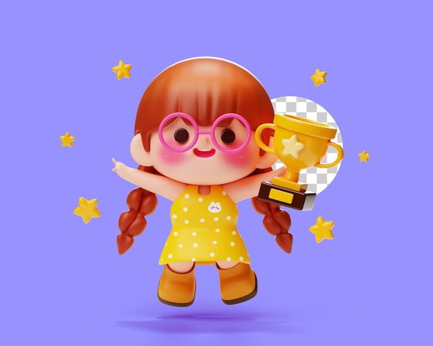 Cute girl kid child holding trophy and jumping cartoon 3d character