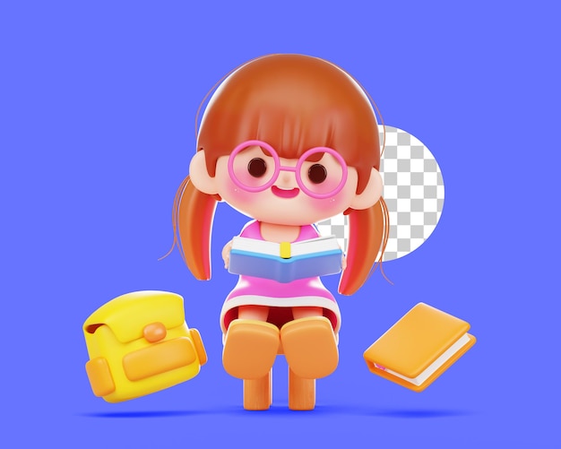 Cute girl or kid reading a book cartoon 3d illustration character