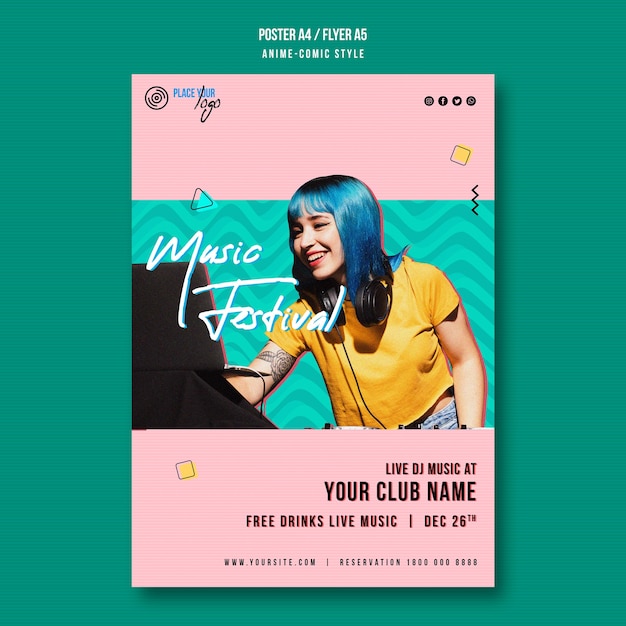 Cute girl music festival poster template