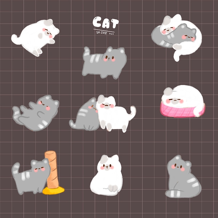 무료 PSD cute gray and white cats handdrawn cartoon psd clipart set