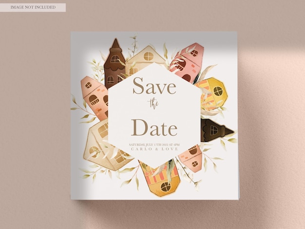 Free PSD cute hand drawing house invitation card bohemian color