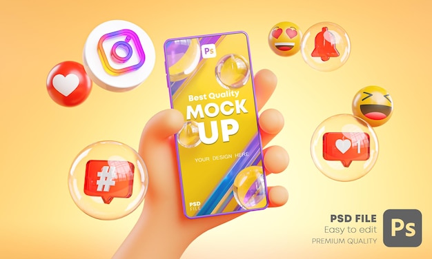 Cute hand holding phone instagram icons around 3d rendering mockup