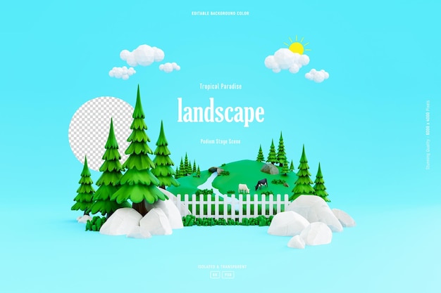 松の木と緑の谷の野生のシーンの分離された3Dイラストとかわいい風景の背景テンプレート