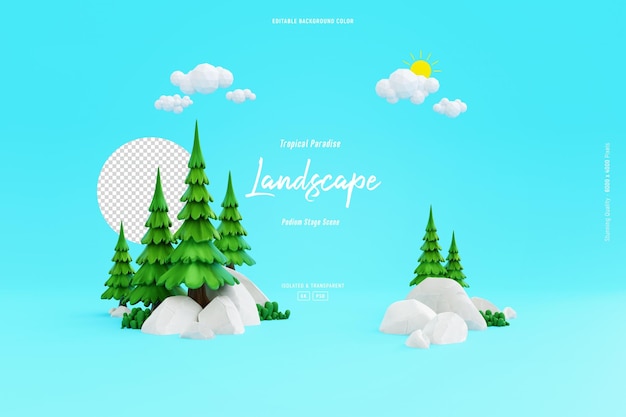 Cute landscape background template with pine trees and rocks isolated wild scene 3D illustration