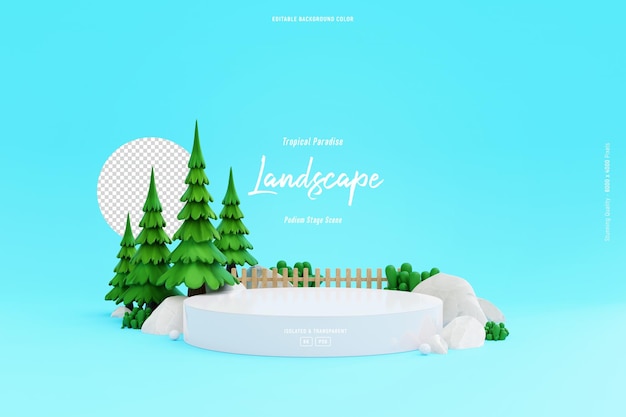 Free PSD cute podium stage on green valley landscape background template with pine trees 3d illustration