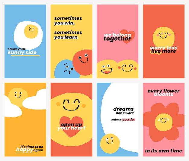 Cute positive quotes templates psd doodle smiley emoticons banner set