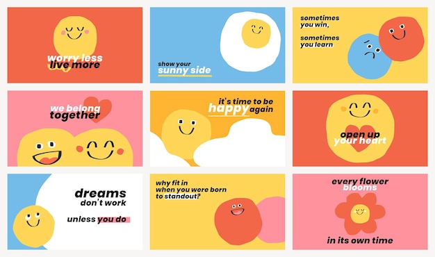 Cute positive quotes templates psd doodle smiley emoticons banner set