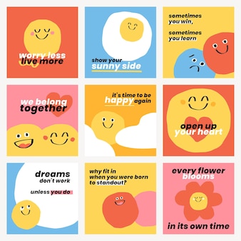 Cute positive quotes templates psd doodle smiley emoticons social media post set