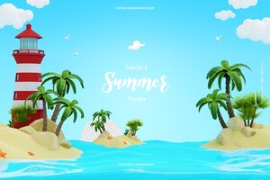 免费PSD可爱的夏季海滩岛屿景观背景模板与棕榈树孤立的3d插图