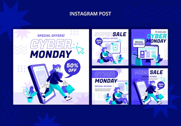 PSD gratuito raccolta di post di instagram di cyber lunedì