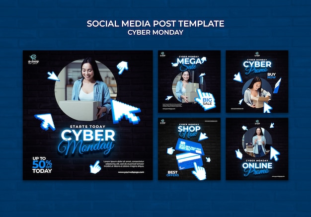 Set di post sui social media tecnologici del cyber monday