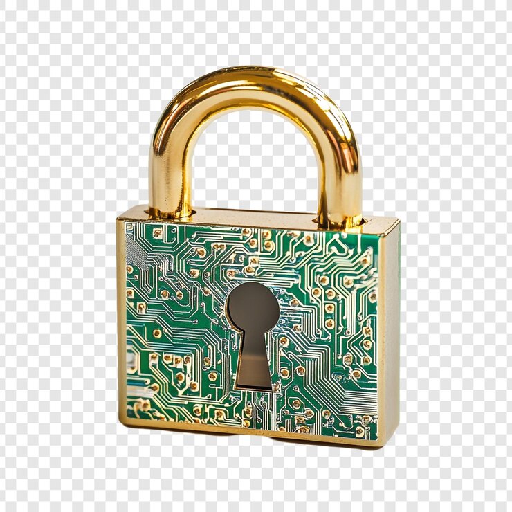 Free PSD cybersecurity gold padlock with circuit board design