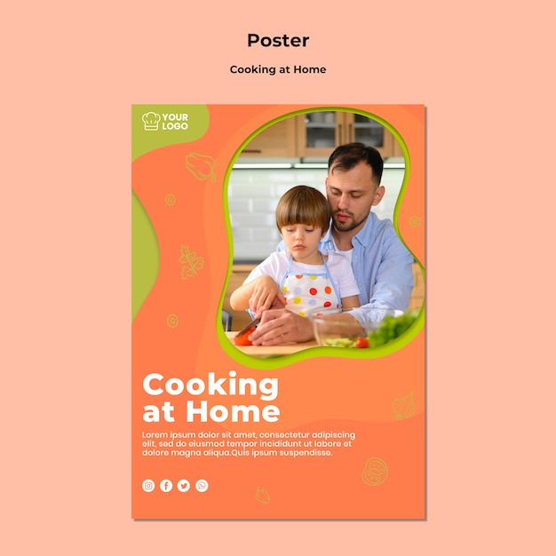 Free PSD dad and kid cooking at home poster template