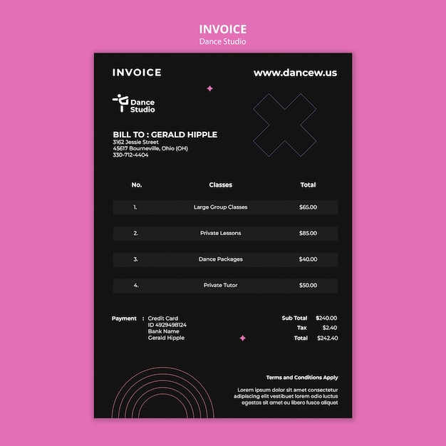 Free PSD dance studio invoice template with minimalistic design