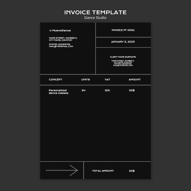 Шаблон счета танцевальной студии с минималистичным дизайном