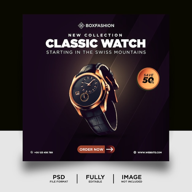 Dark color classic watch brand product social media post banner template