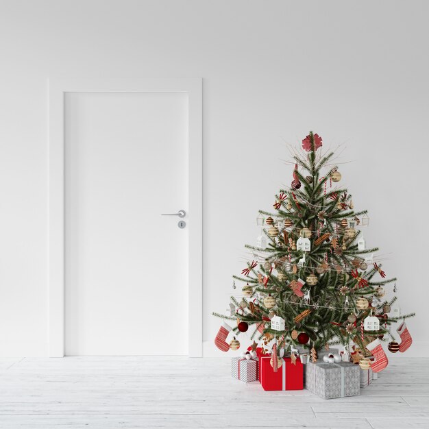 Decaorated Christmas tree and presents by a door