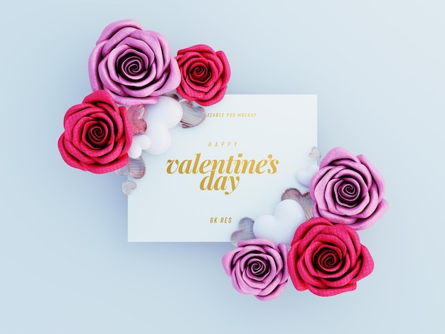 装飾的なかわいい愛の心幸せなバレンタインデーの招待状のモックアップテンプレート