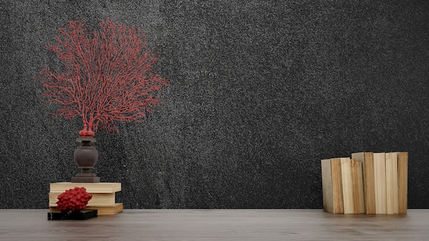 Decorative objects, old books and vases over black wall, japanese style.