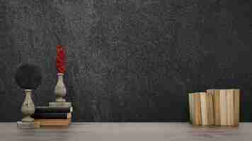 Free PSD decorative objects, old books and vases over black wall, japanese style.