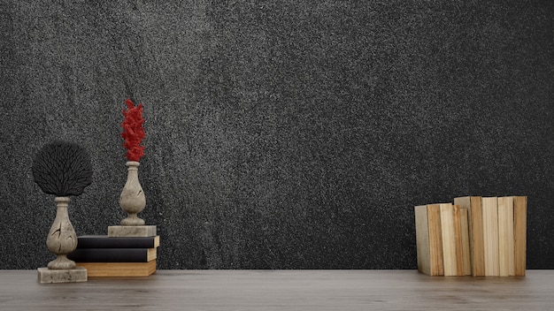 Decorative objects, old books and vases over black wall, japanese style.