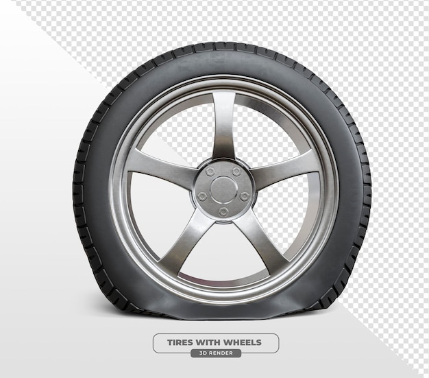 deflated car tire with metal wheel in 3d render with transparent background