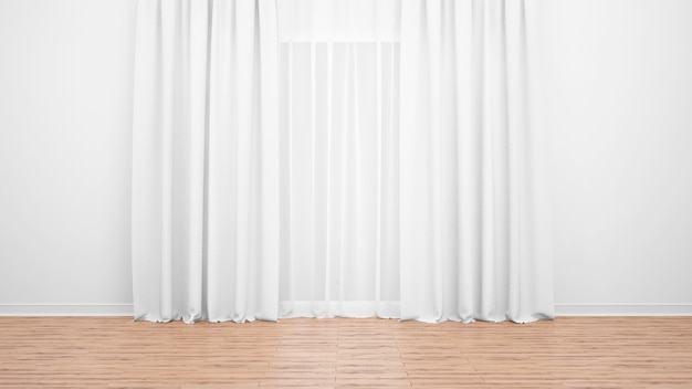 Нежные белые шторы, белая стена и деревянный пол. Пустая комната в качестве фона