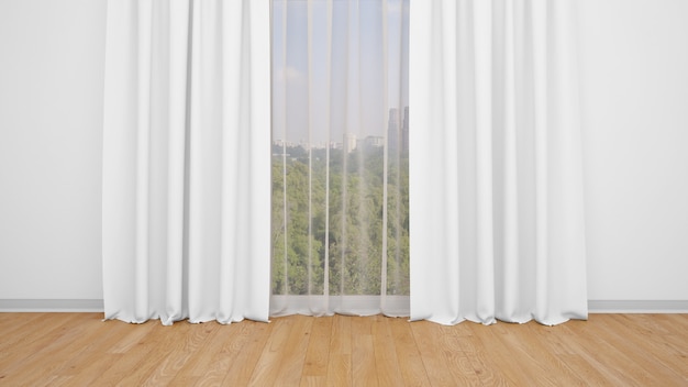 Free PSD delicate white curtains, white wall and wooden floor. empty room as background