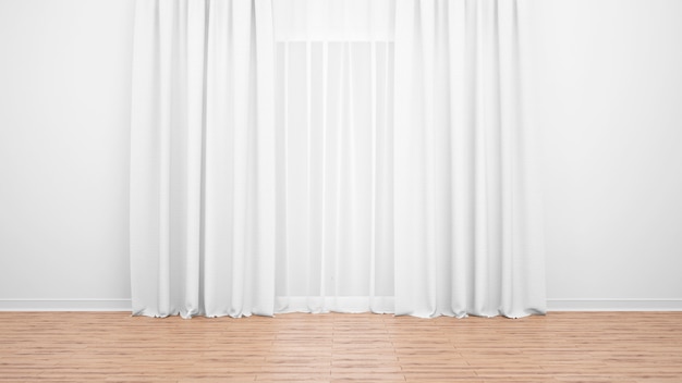 Free PSD delicate white curtains, white wall and wooden floor. empty room as background