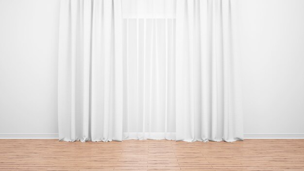 繊細な白いカーテン、白い壁、木製の床。背景として空の部屋