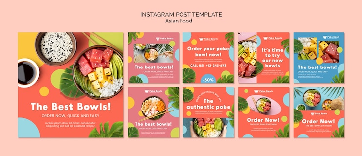 Бесплатный PSD шаблон постов в instagram с вкусной азиатской едой