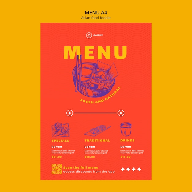 Бесплатный PSD Вкусный шаблон меню азиатской кухни