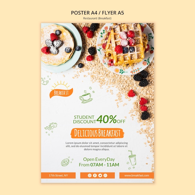 Бесплатный PSD Вкусный завтрак ресторан плакат шаблон