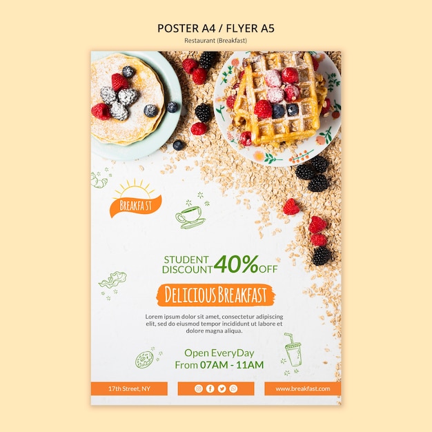 PSD gratuito modello di poster ristorante colazione deliziosa